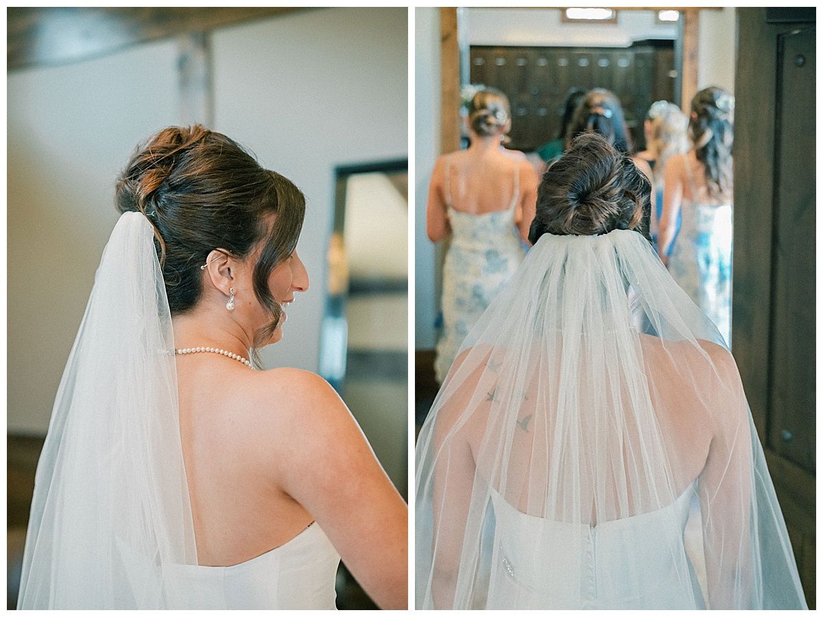 Close-up views of a white wedding veil and bridal details from different angles.