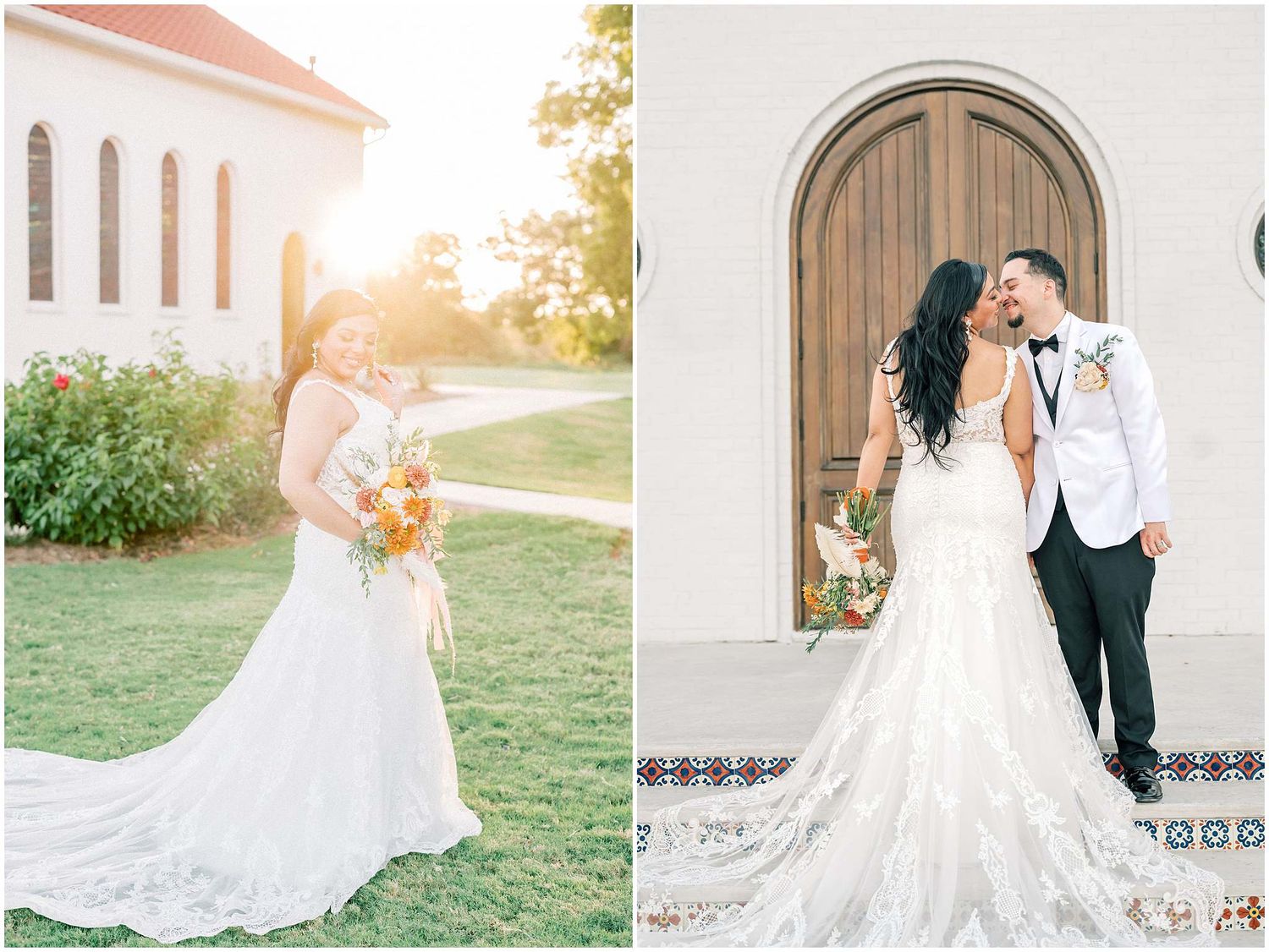Elegant wedding couple poses in front of a white Spanish mission-style church during golden hour.