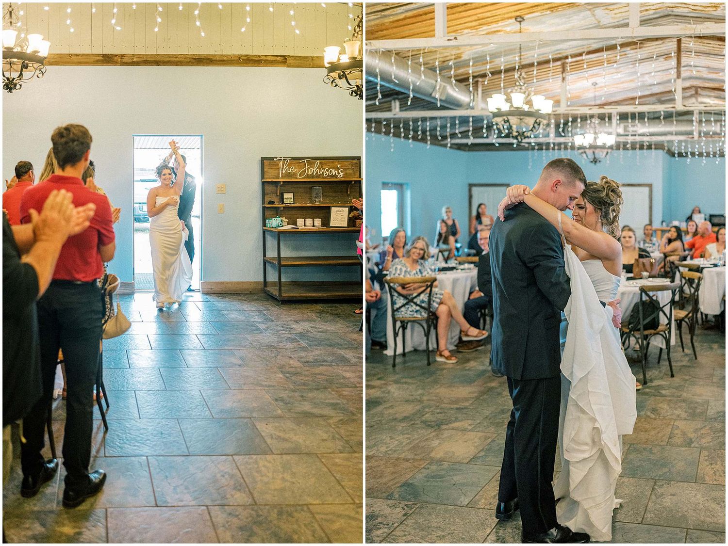 Wedding reception venue with string lights showing first dance moments.