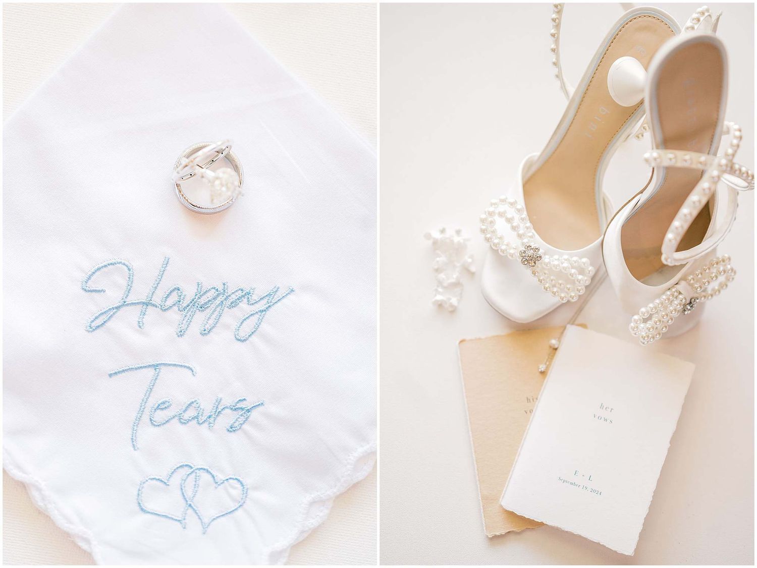 Wedding accessories including shoes and handwritten notes in soft pastel tones.