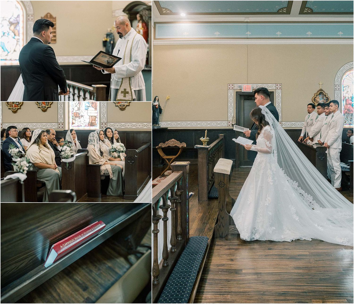 Church interior wedding ceremony shots showing wooden pews and elegant architectural details.