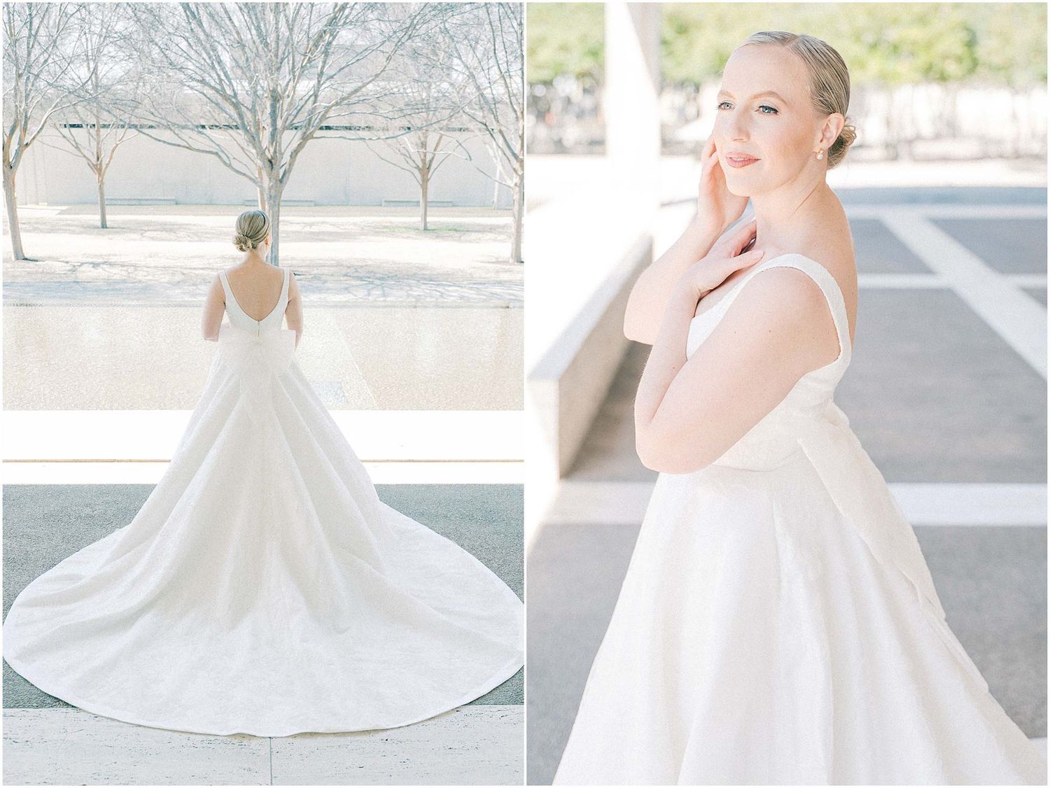 Multiple angles of a classic white wedding gown with dramatic train in natural light.