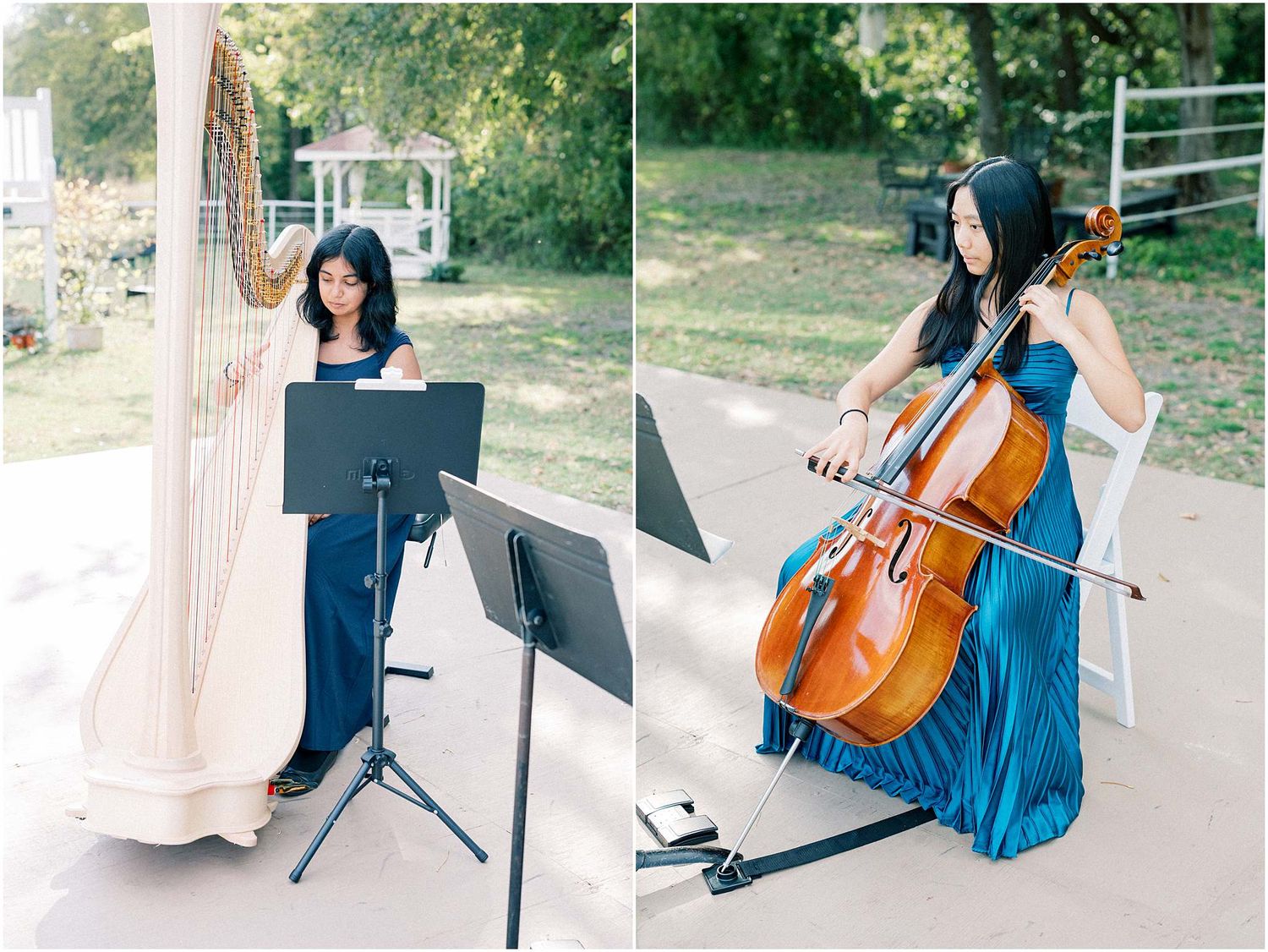 Musician in blue dress plays cello outdoors during elegant event.
