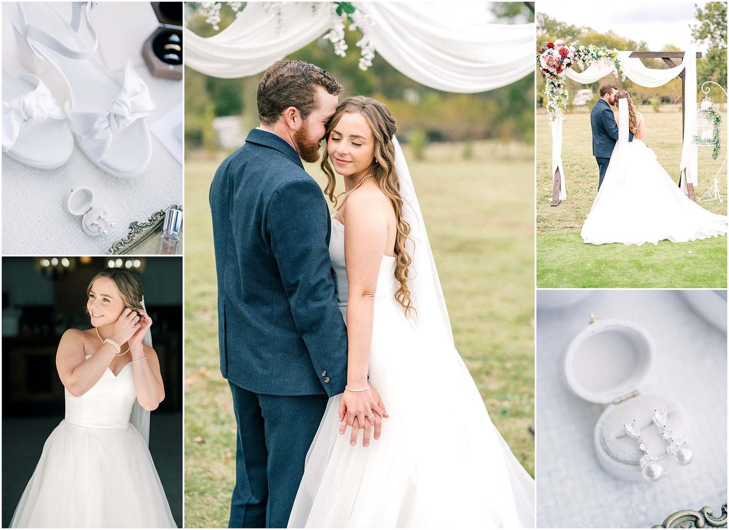 Wedding photo collage featuring bridal details and outdoor portraits.