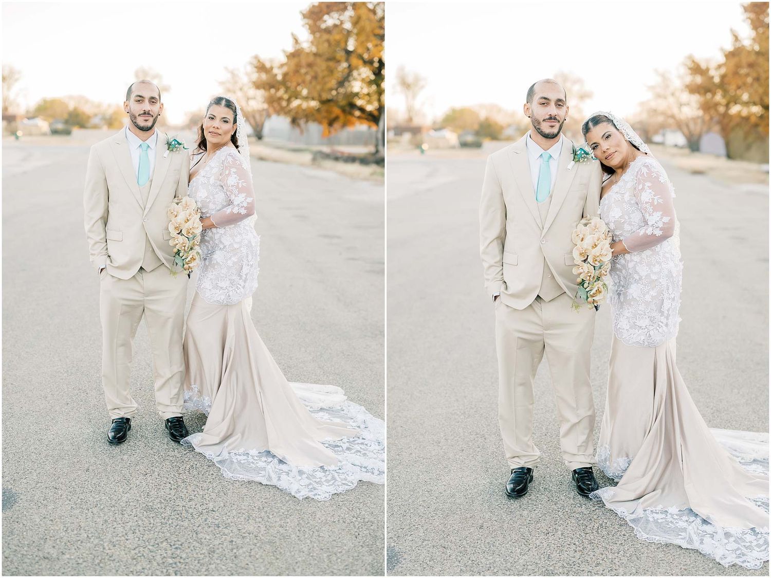 Full-length wedding portraits of a couple in light-colored attire on a paved road.
