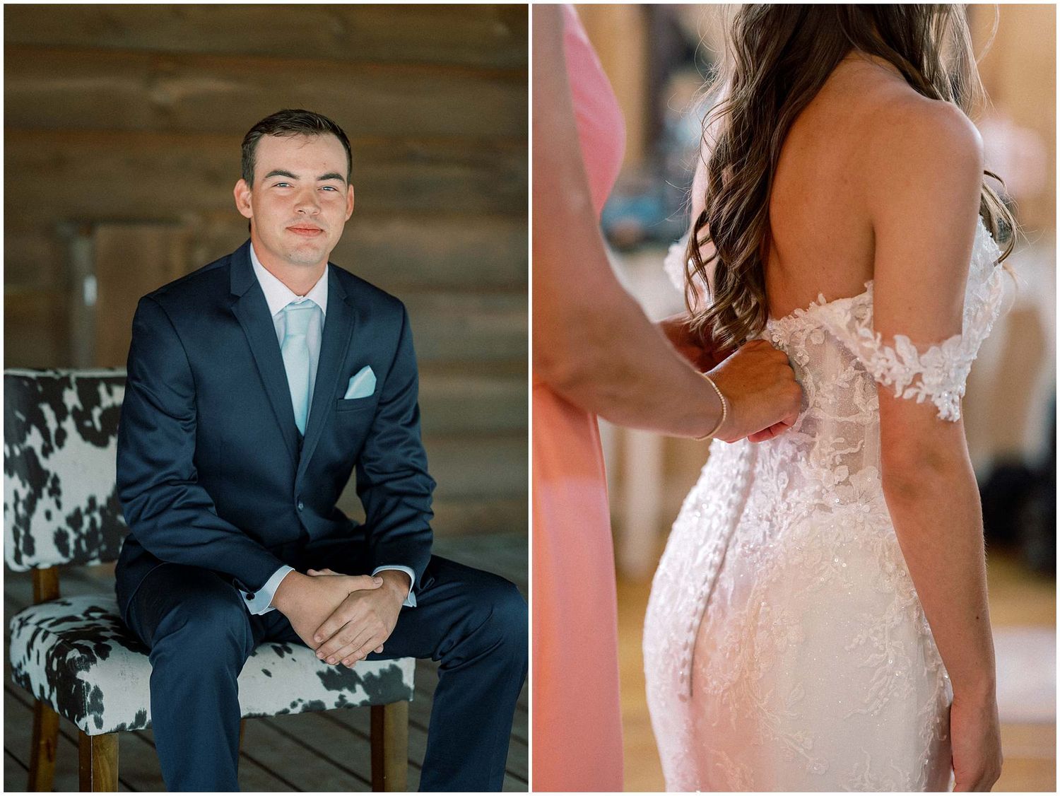 A wedding photo collage showing details of a bride's lace dress, formal attire, and romantic venue setting.