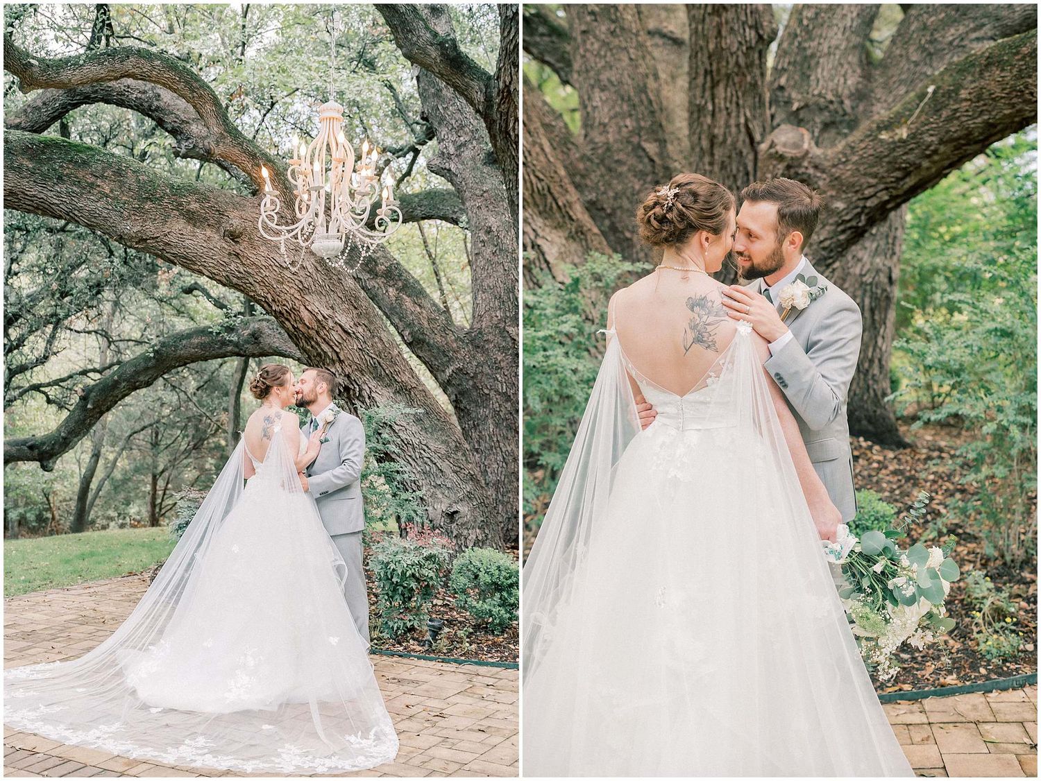 Romantic couple embraces under a large tree canopy during their outdoor wedding photoshoot.