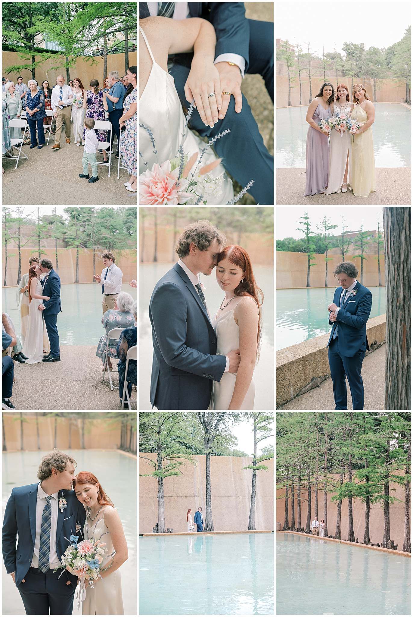 Outdoor wedding photo collage featuring romantic moments and formal portraits in natural setting.