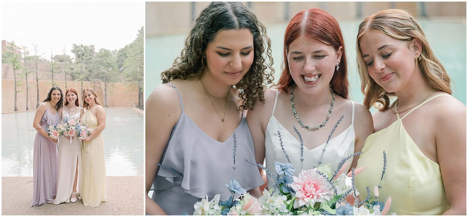 Three bridesmaids in pastel dresses holding floral bouquets pose together at an outdoor venue.