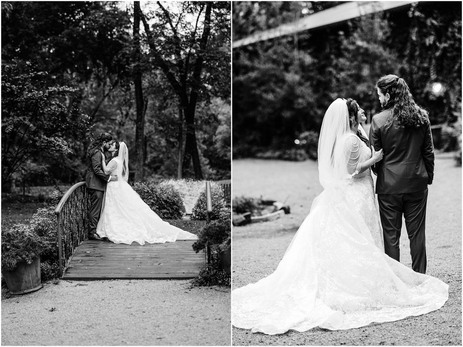 Black and white wedding photos of bride and groom sharing romantic moments outdoors on a bridge and garden path.