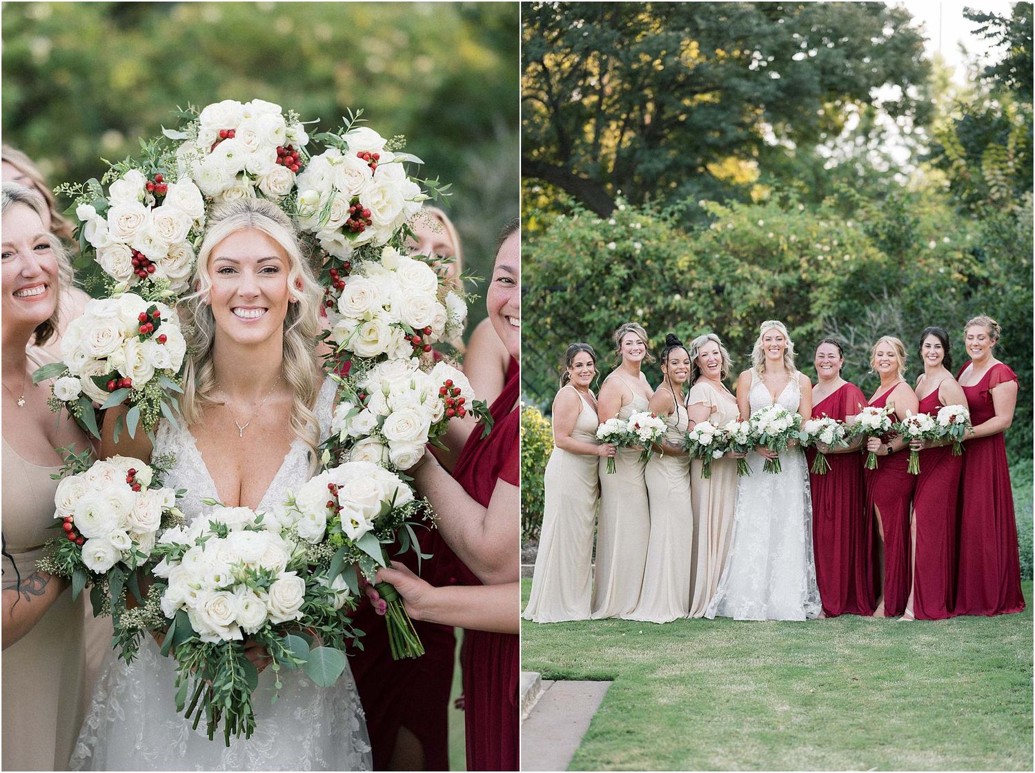 Wedding party members display elegant bouquets of white and pink flowers against a garden backdrop.