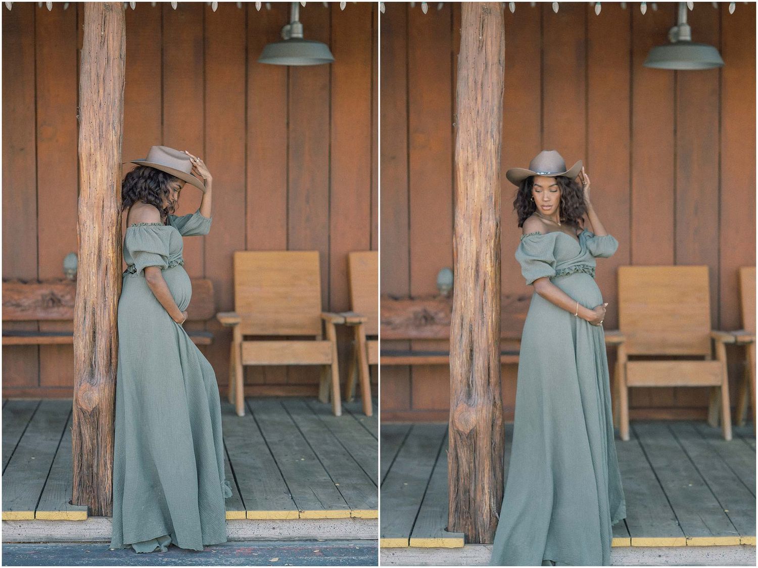 Series of photos on a wooden porch showing intimate moments in sage green attire.