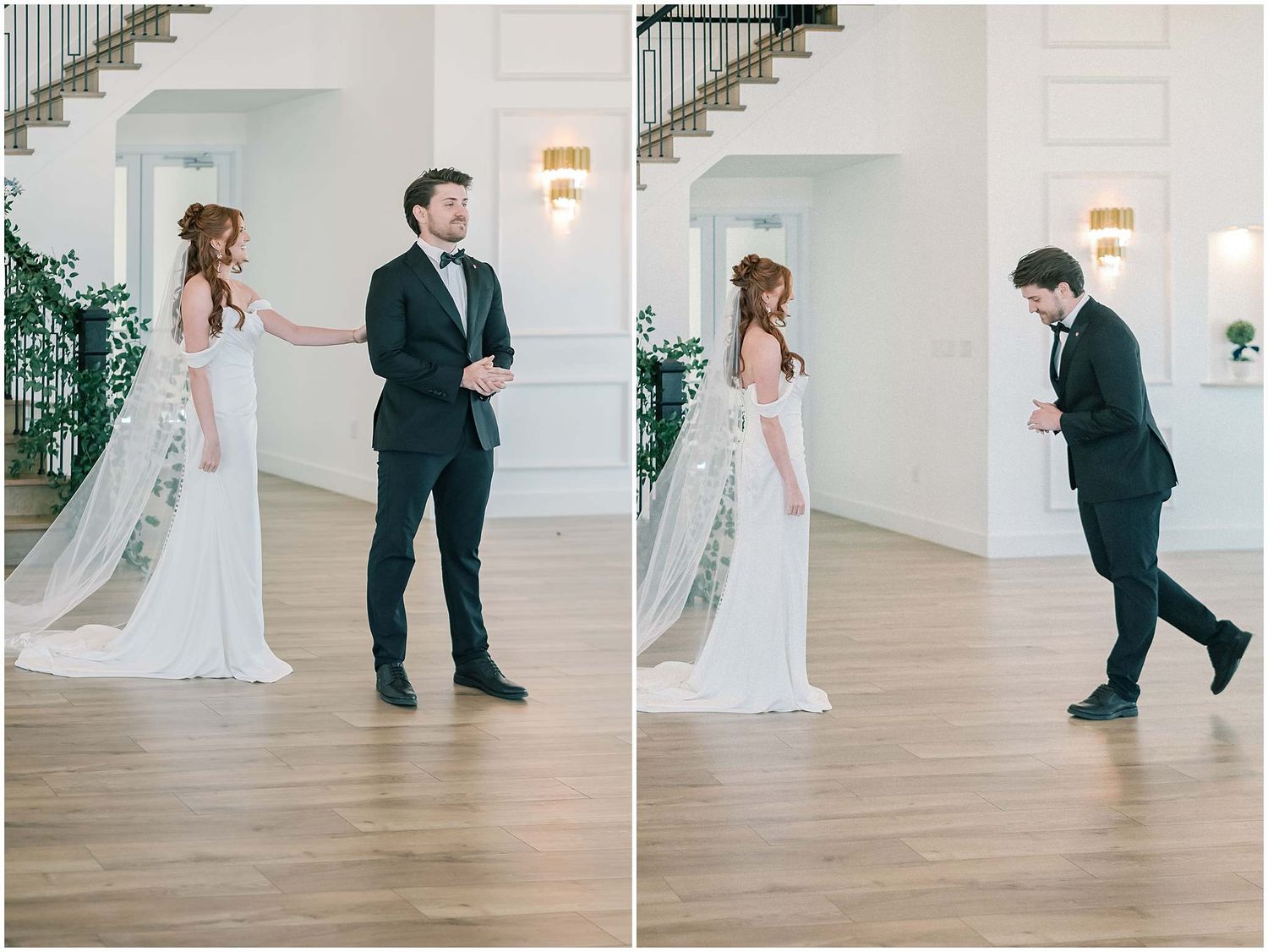 A couple dancing in an elegant white room with hardwood floors and natural light.