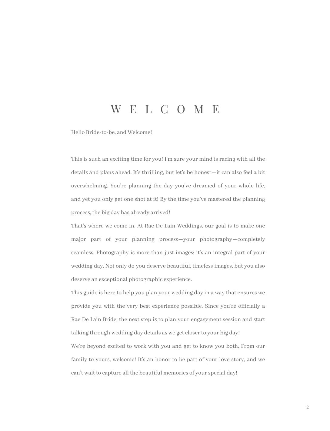 Welcome page of a wedding photography guide from Rae De Lain Weddings introducing their planning services.