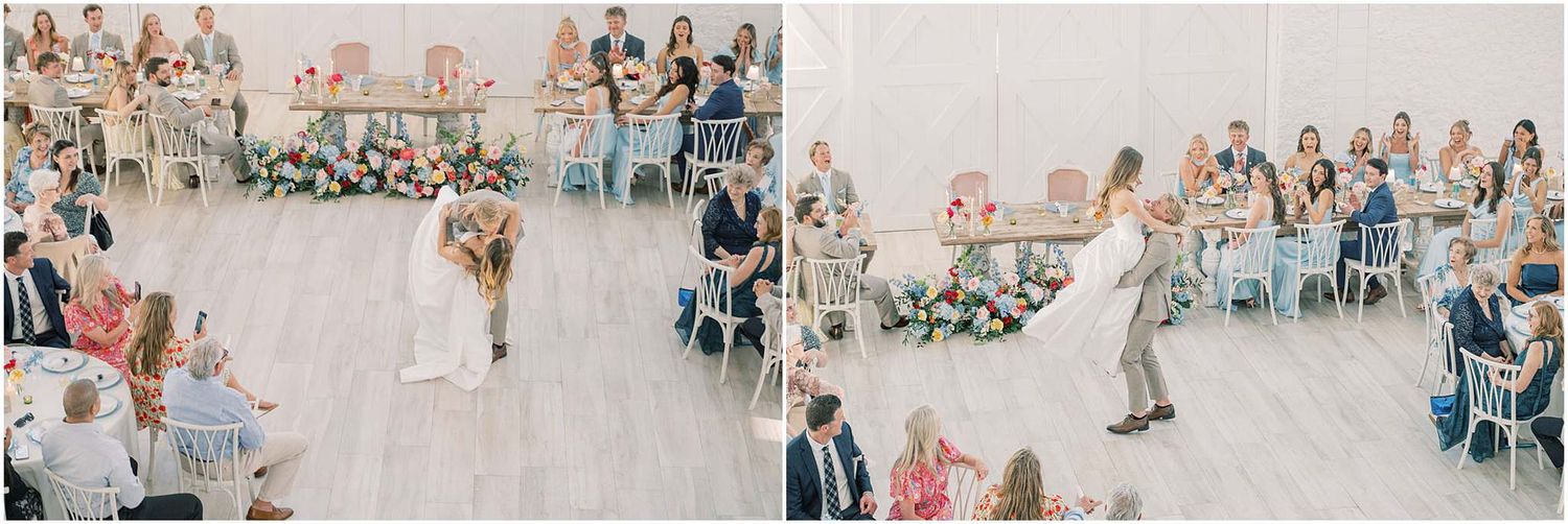Bride and groom share their first dance at an elegant wedding reception with guests seated around a bright white dance floor.