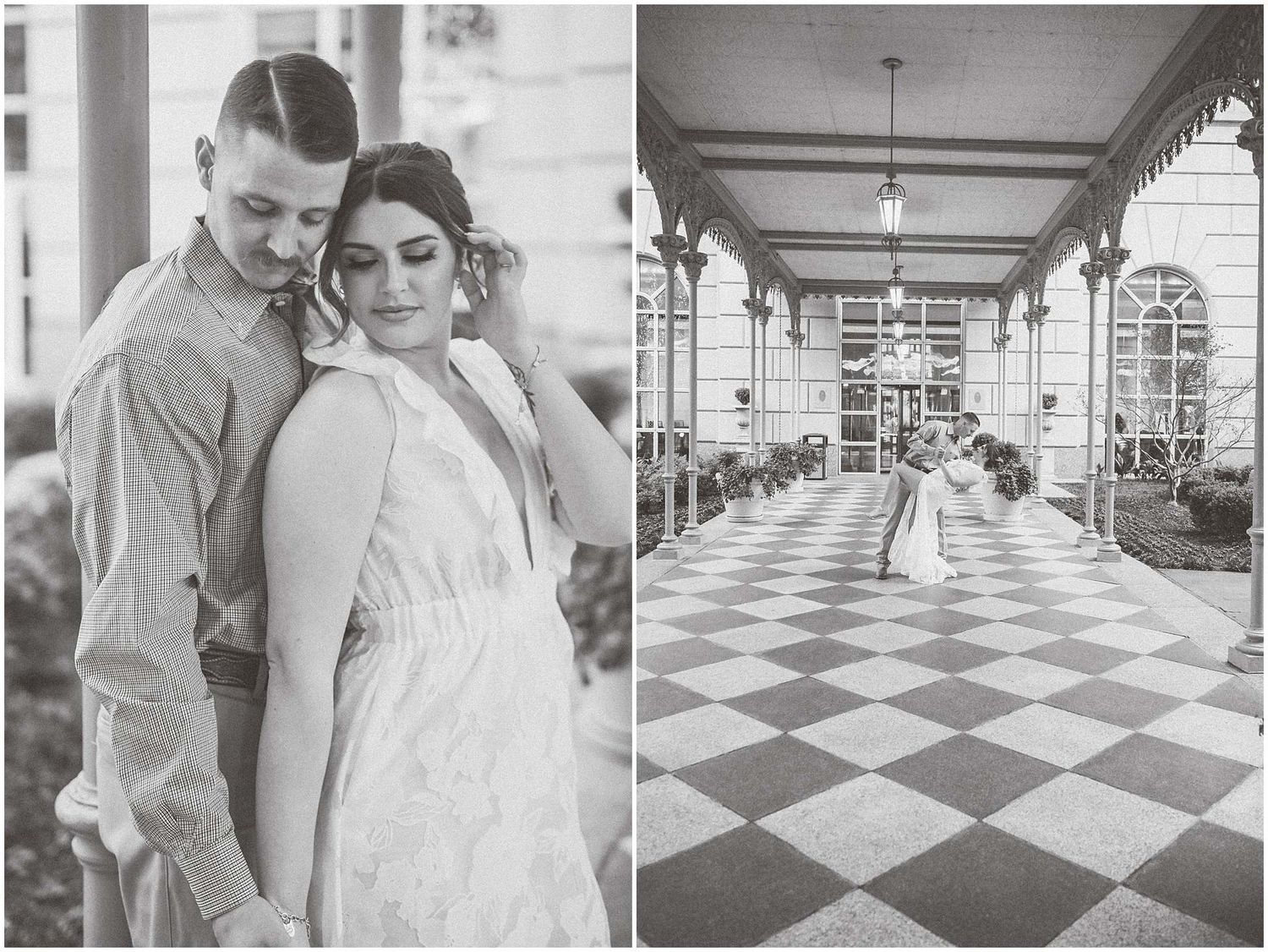 Black and white photos showing an intimate moment in an elegant corridor with checkered flooring.