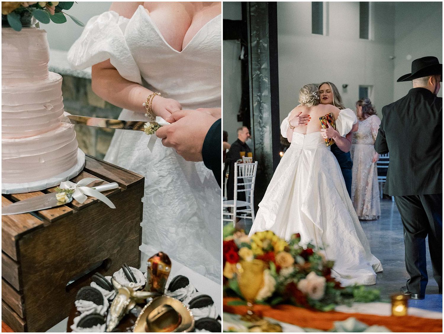 Wedding reception details showing cake cutting and dancing moments in an elegant venue.
