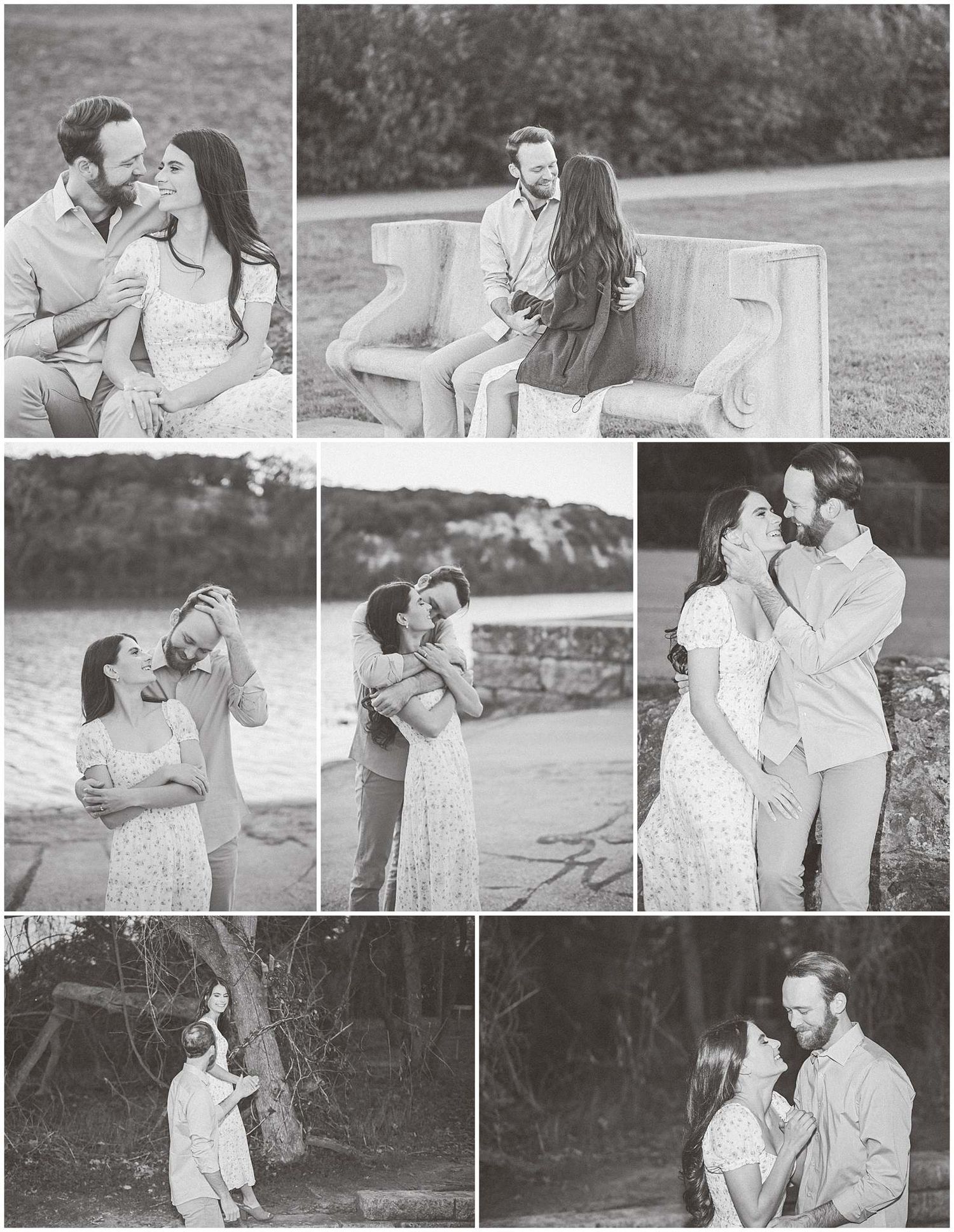 A collection of black and white photos capturing intimate moments between a couple outdoors.