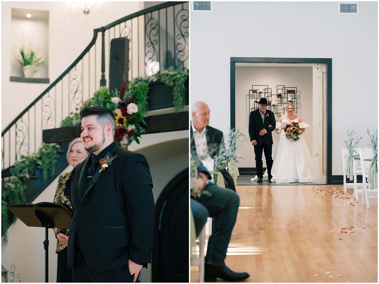 Wedding party members walking through an elegant indoor venue with white walls and wooden floors.
