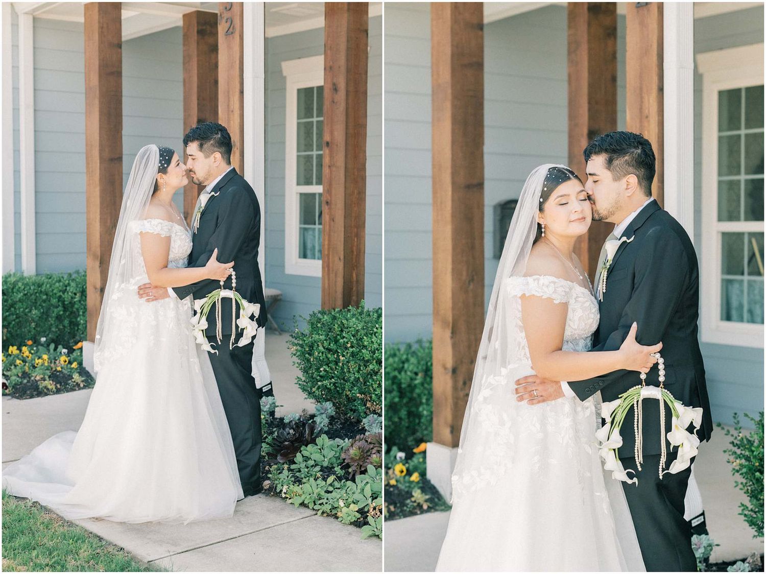 Romantic wedding couple sharing intimate moments on a porch with white columns.
