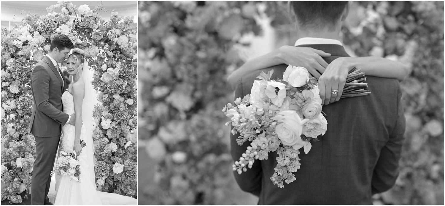 Black and white wedding portraits showcasing tender moments under floral decor.