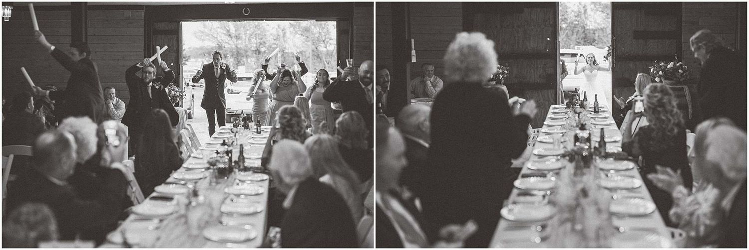 Black and white photos show wedding reception tables with guests seated and mingling during a celebration.