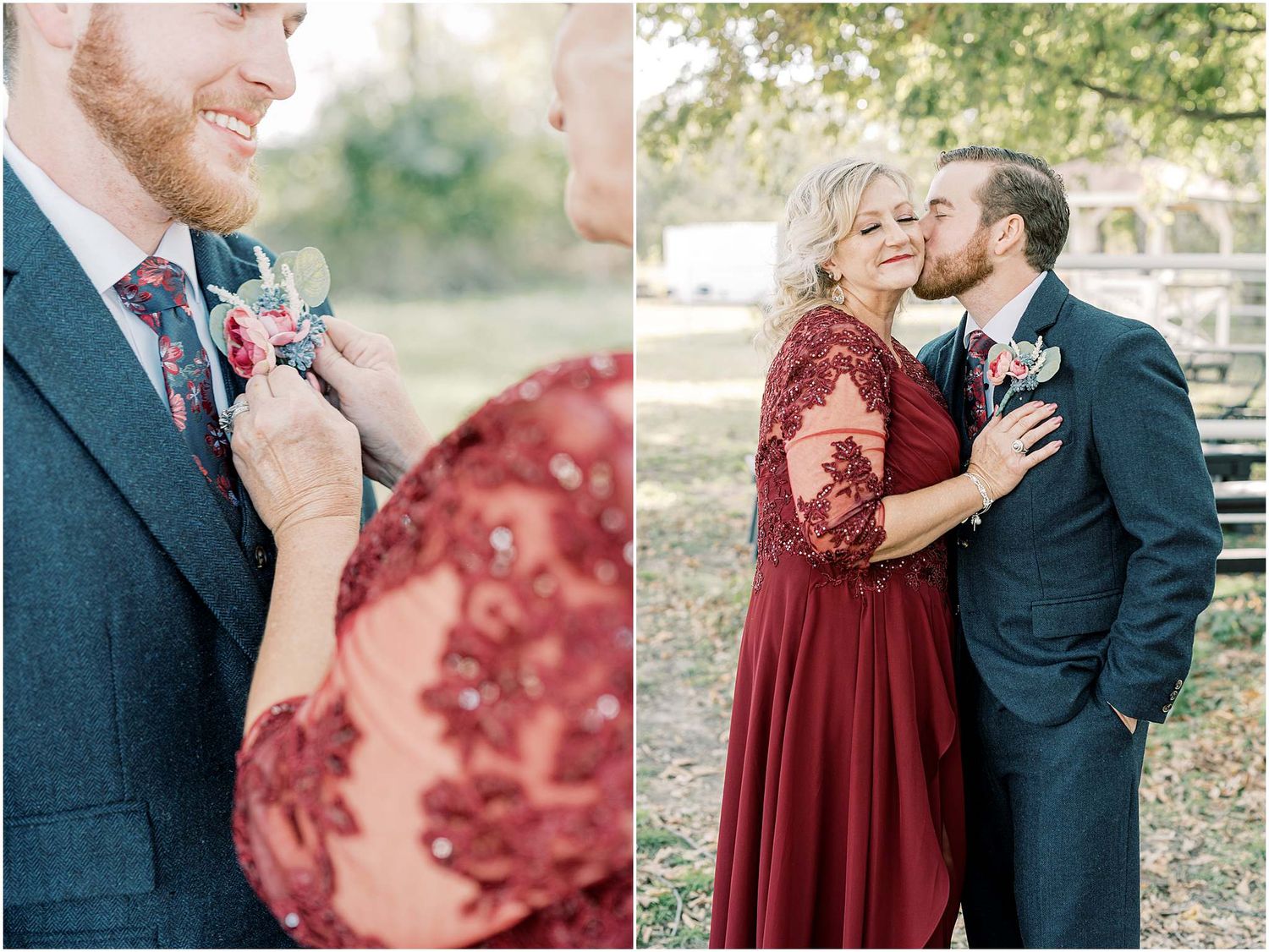 Outdoor wedding portraits featuring couples and wedding party members in burgundy and navy attire.
