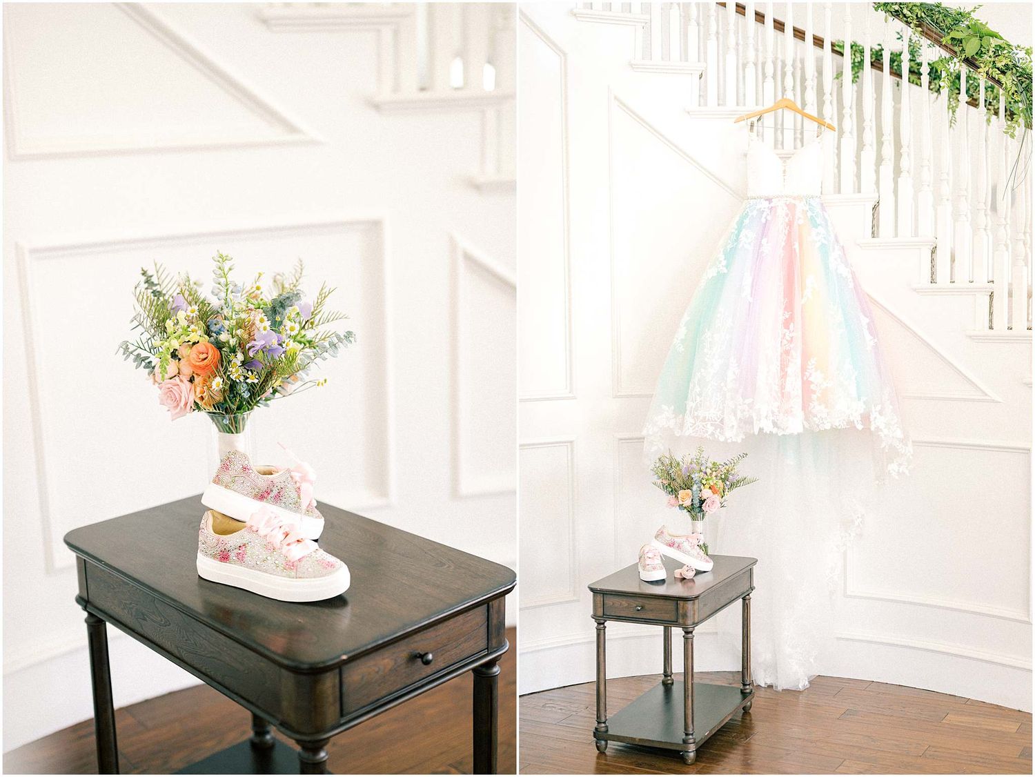 Wedding venue interior with white railings and decorative floral arrangements on dark tables.