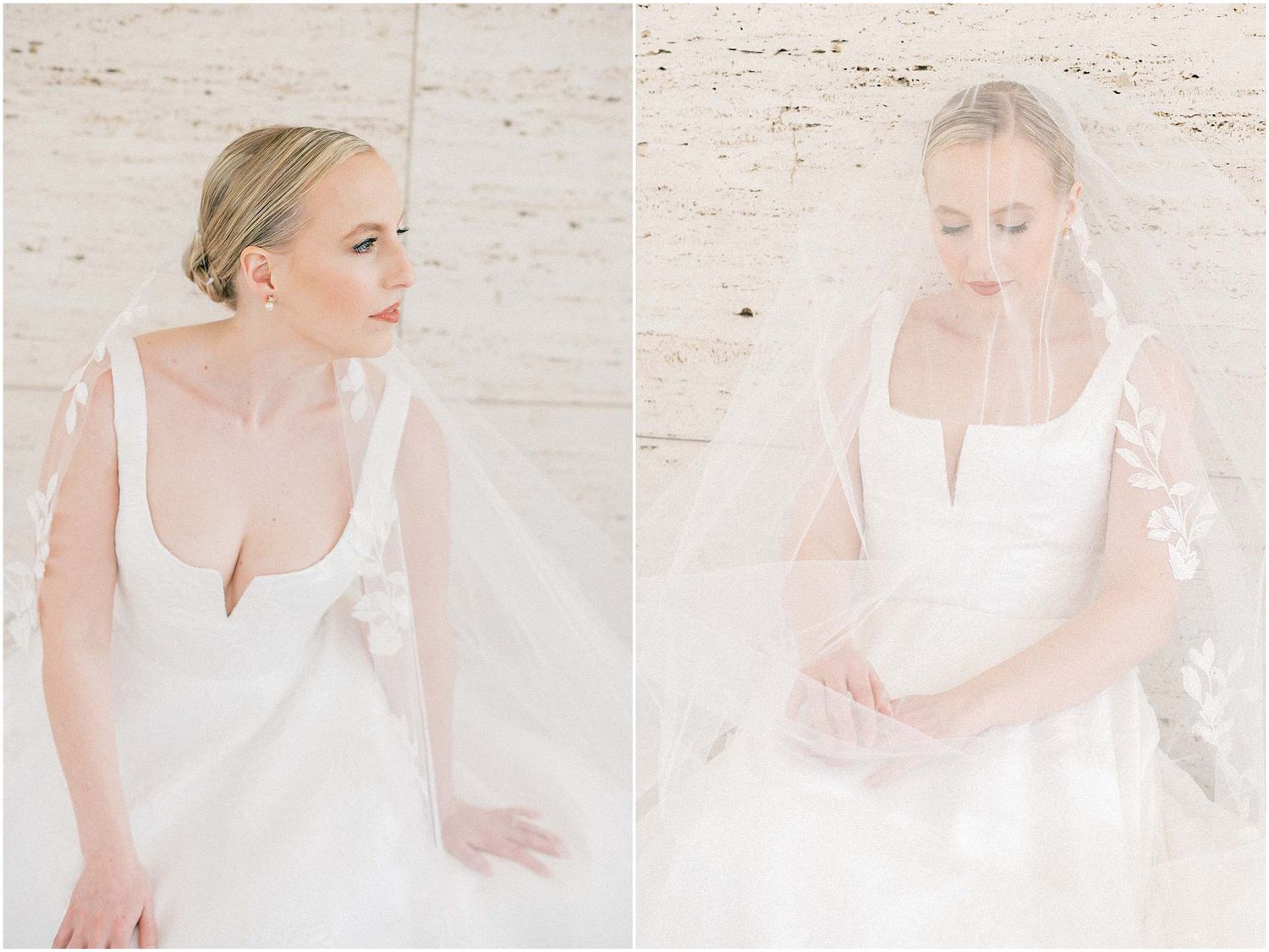 Classic bridal portraits featuring structured bodice details and soft tulle veil.