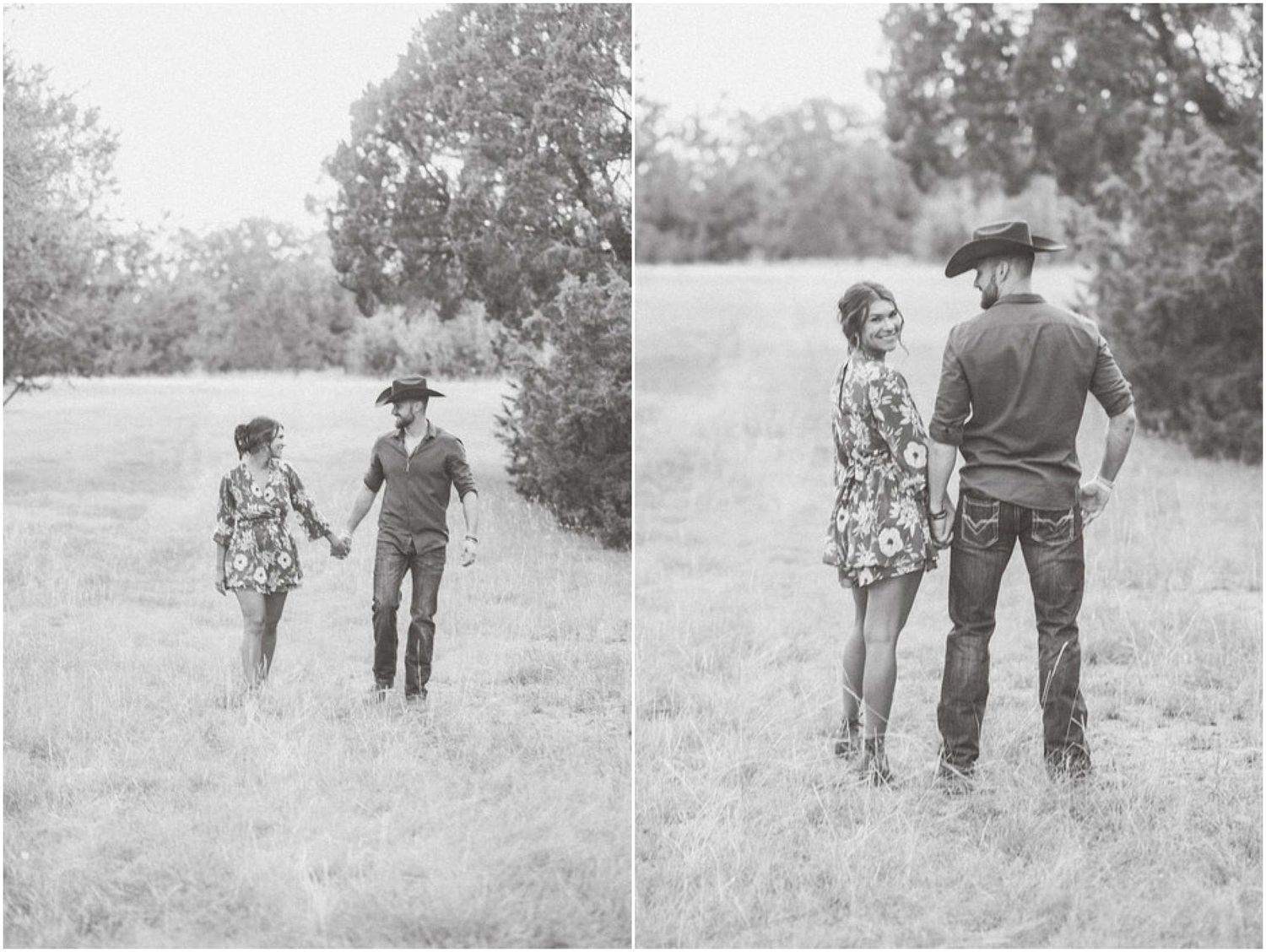 Two people walk hand in hand through a serene meadow landscape.