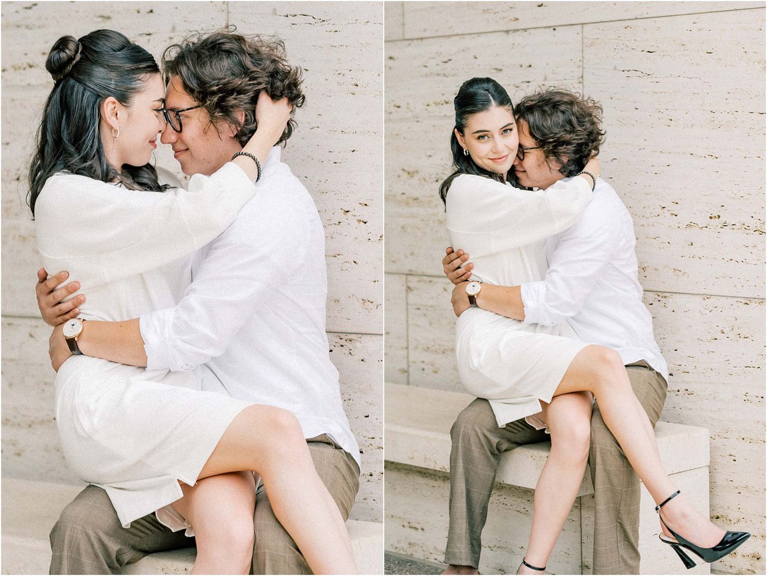 Romantic couple in white outfits embracing on stone bench in series of candid moments.