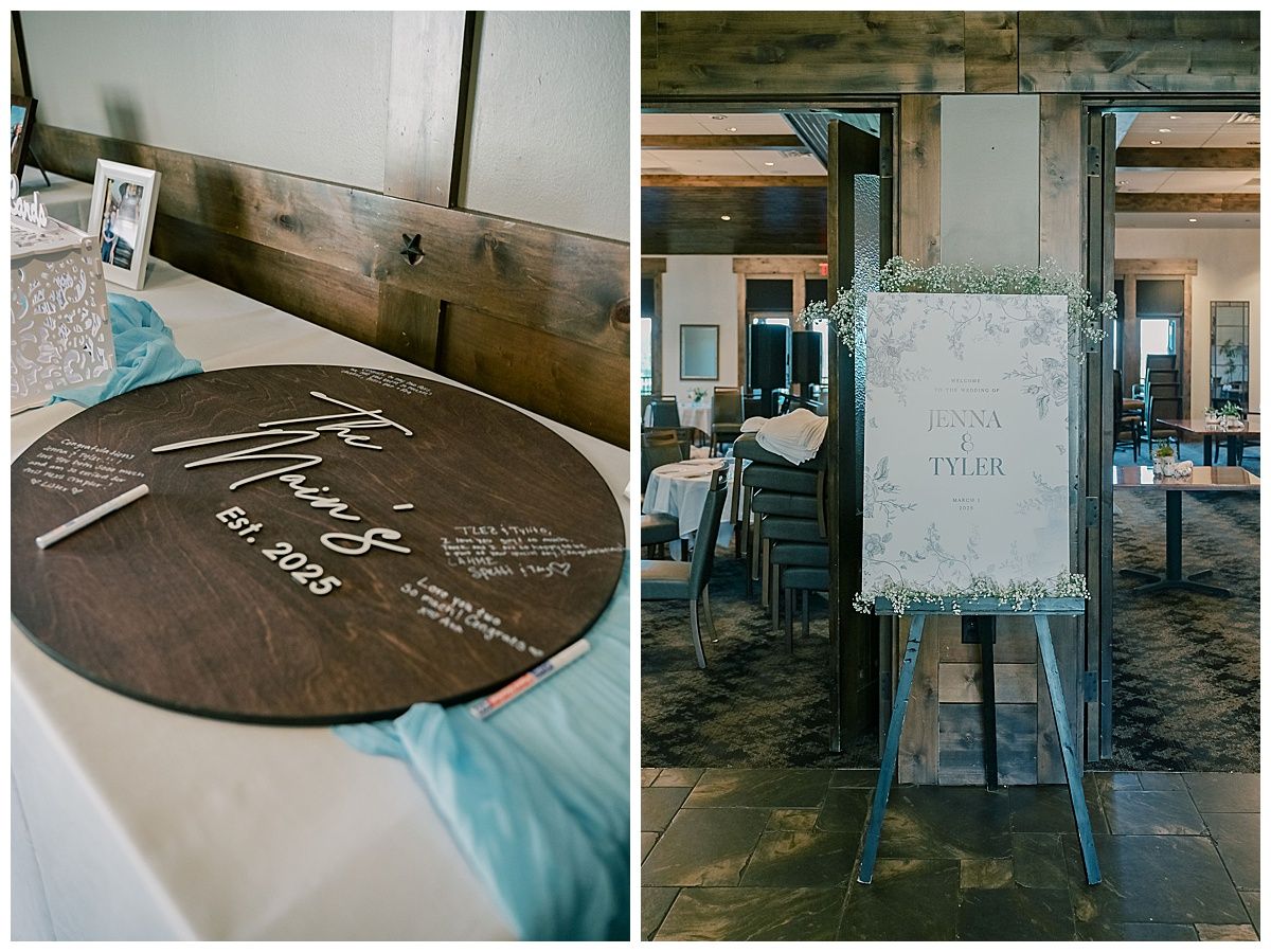 Industrial venue space with rustic wooden chairs and chalkboard signage.