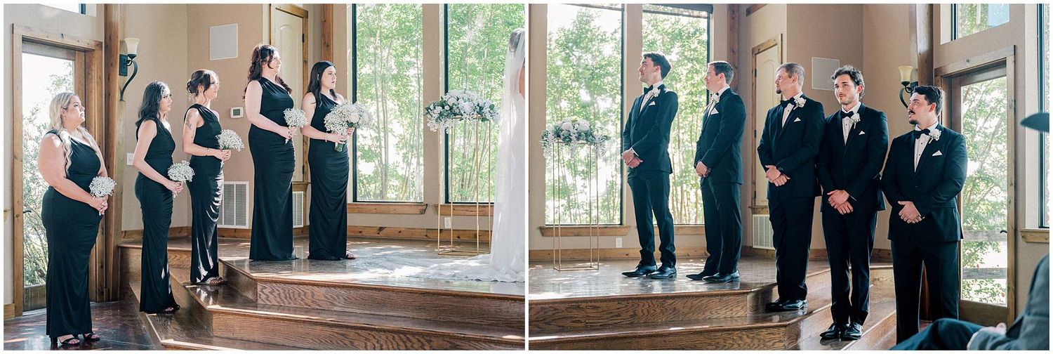 Panoramic view of wedding ceremony setup in a rustic chapel with vaulted ceilings.