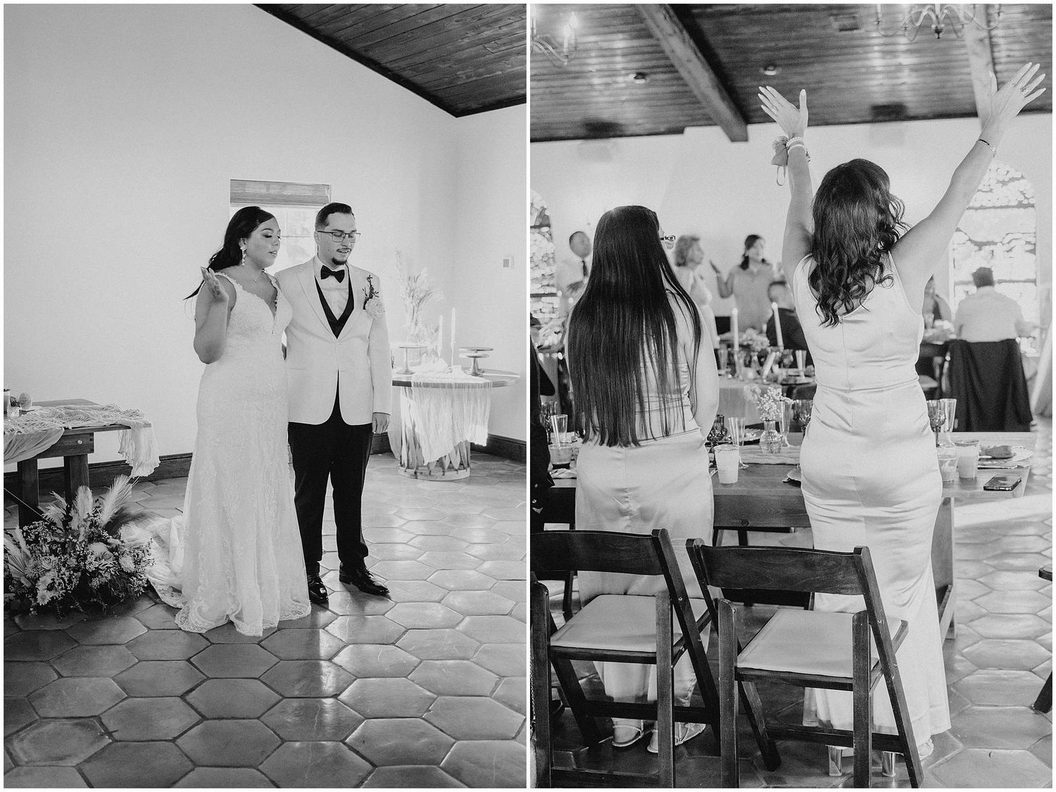 Black and white photos of wedding guests dancing and celebrating at an indoor reception.