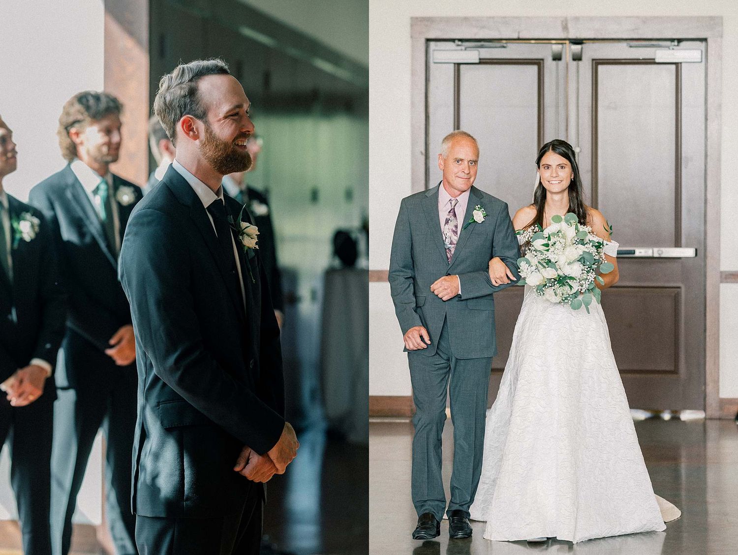 Wedding ceremony moments showing emotional reactions and processional entrance.
