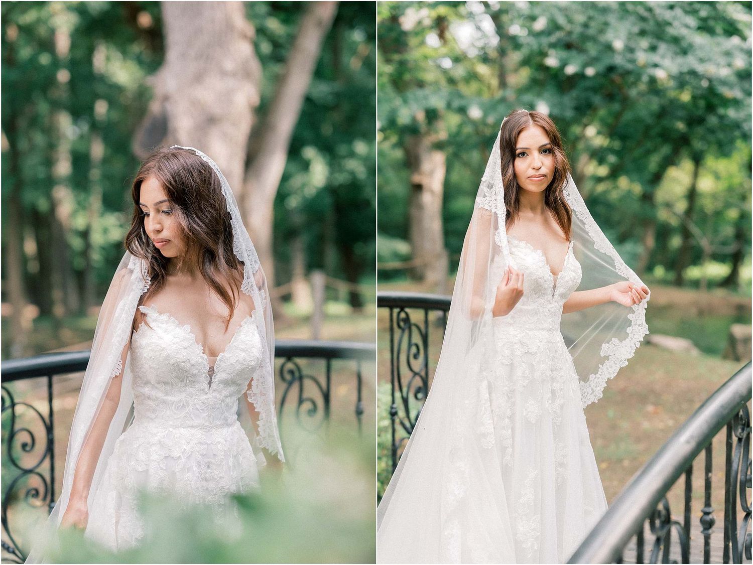 Romantic bridal portraits showcase delicate lace details and flowing veil in lush garden setting.