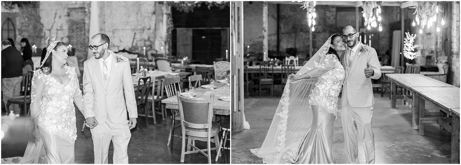 Black and white wedding reception photos showing couples dancing in an elegant venue.