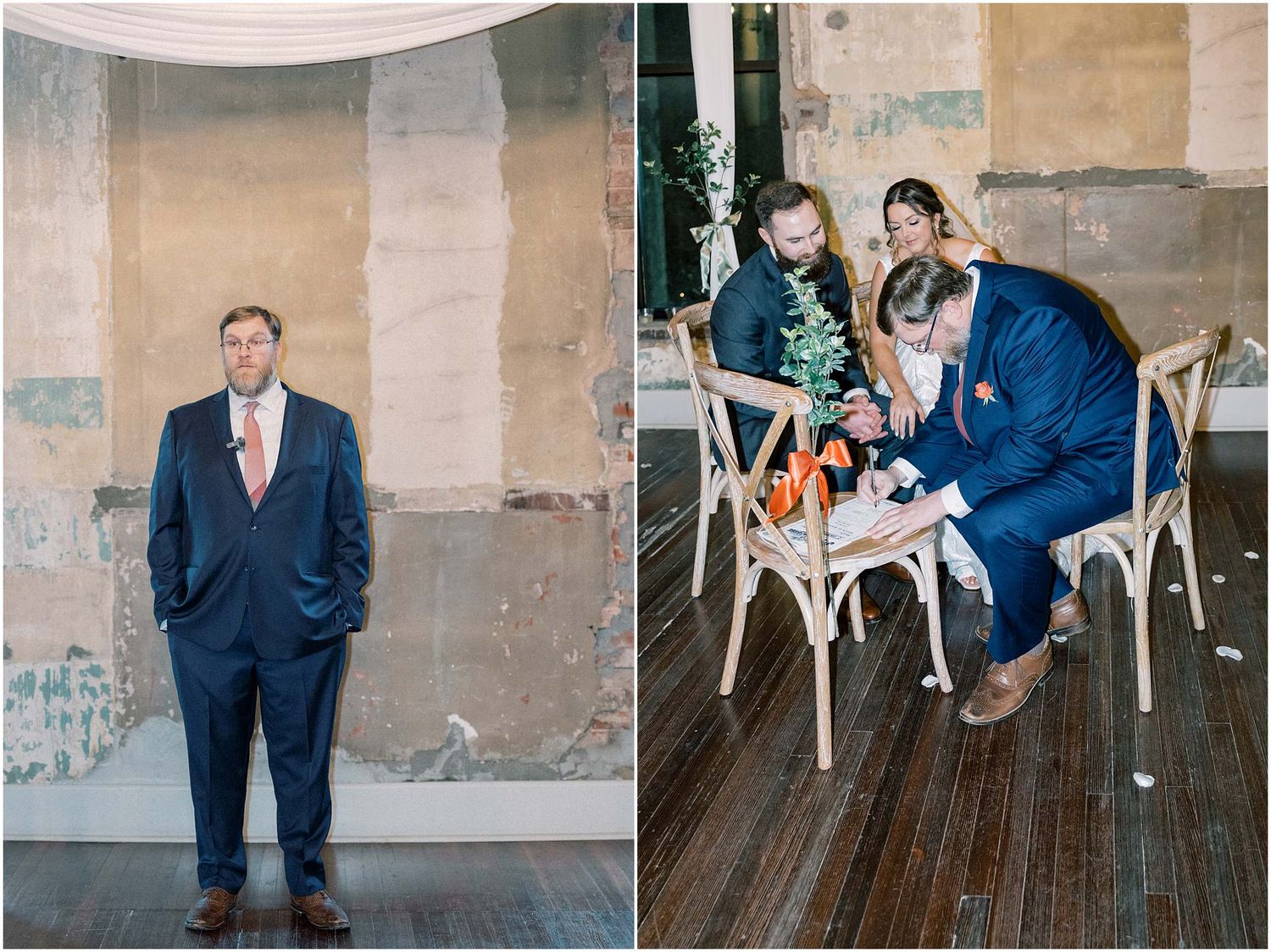 Wedding photos showing formal portraits and candid moments at an industrial-style venue.