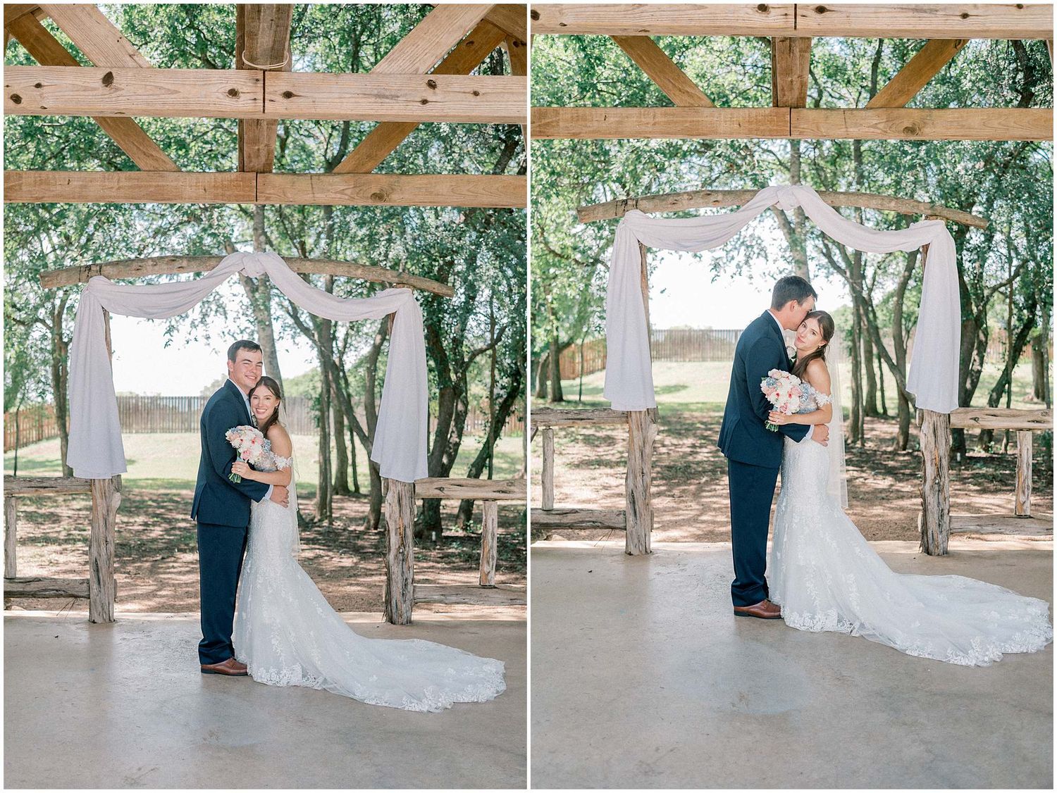 A romantic outdoor wedding photoshoot sequence showing tender moments between a couple under a rustic wooden pergola.