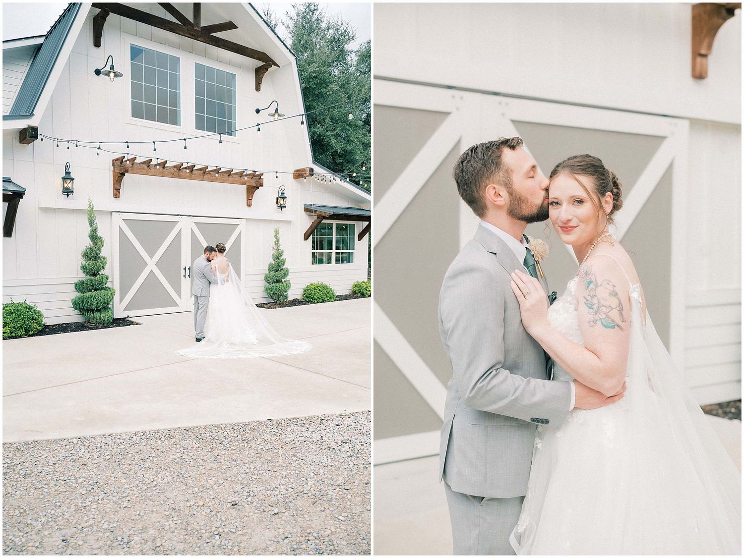 A romantic wedding photo series showing a couple embracing outside a white barn-style venue with elegant details.