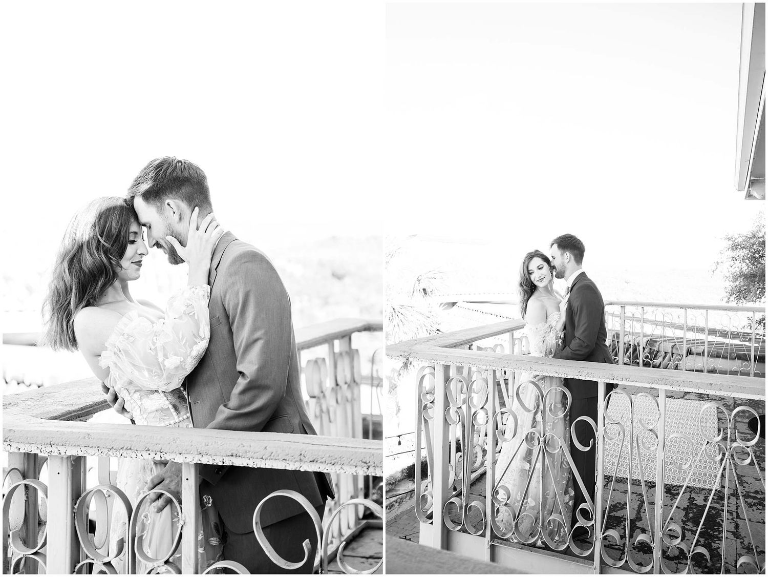 Black and white romantic portraits along an ornate iron railing at a wedding venue.