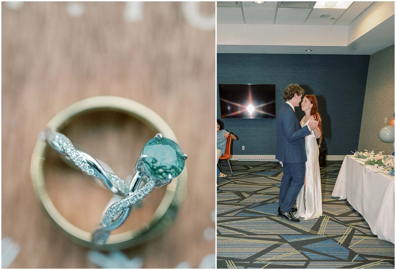 Wedding detail shots featuring engagement ring and couple dancing in background.