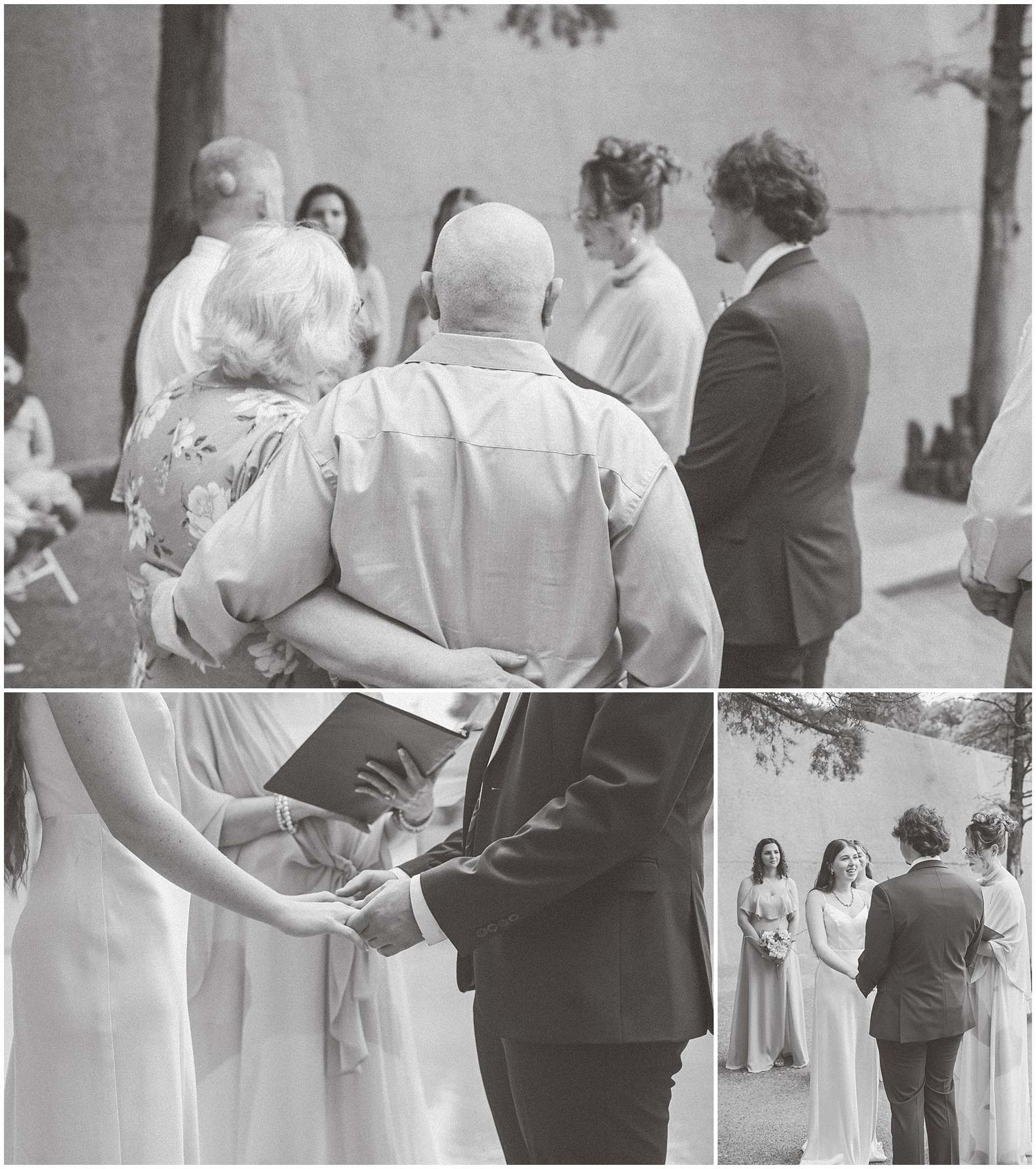Black and white photograph of intimate wedding ceremony moments.