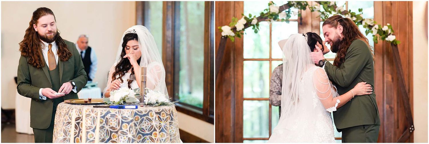 Bride and groom cutting wedding cake at rustic indoor venue, then sharing first kiss under floral arch.