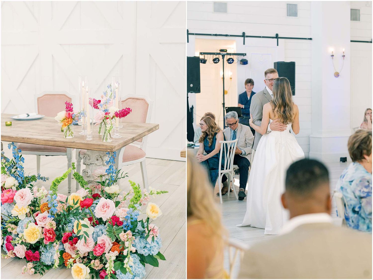 Bride and groom exchange vows at a colorful floral wedding ceremony in a bright white modern venue.