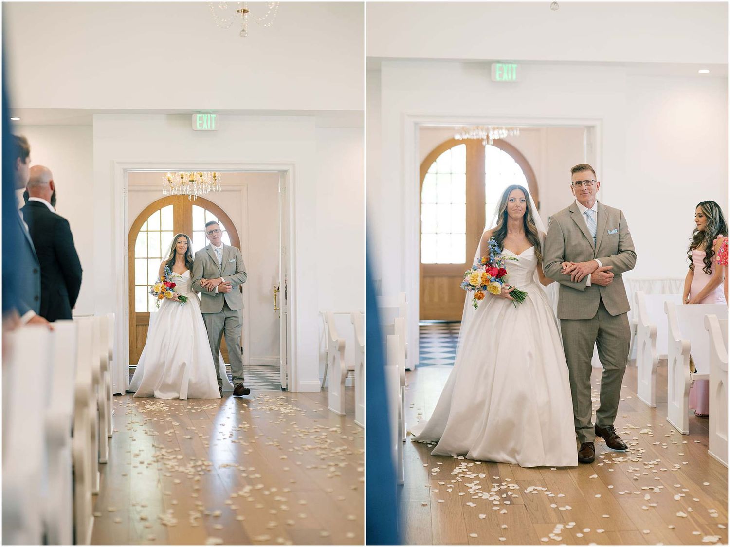 Bride and groom walk down the aisle together during an elegant indoor wedding ceremony with floral petals.