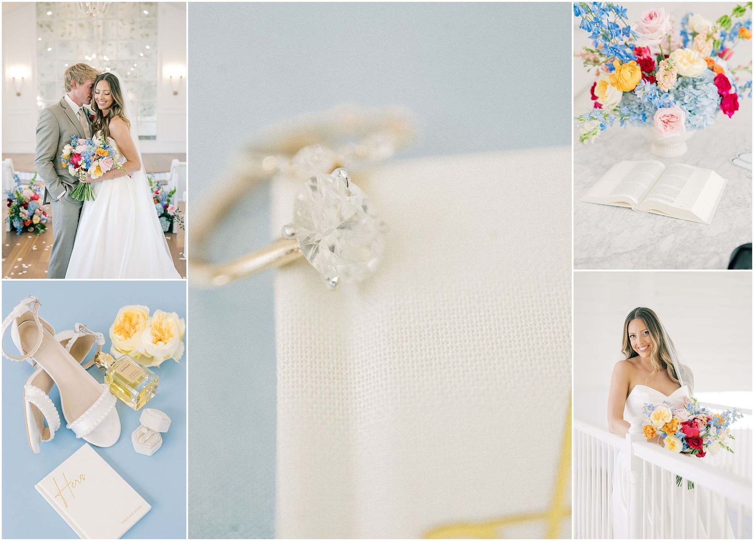 Elegant wedding collage featuring a couple, diamond ring, bridal bouquet, white heels, and a radiant bride with colorful flowers.