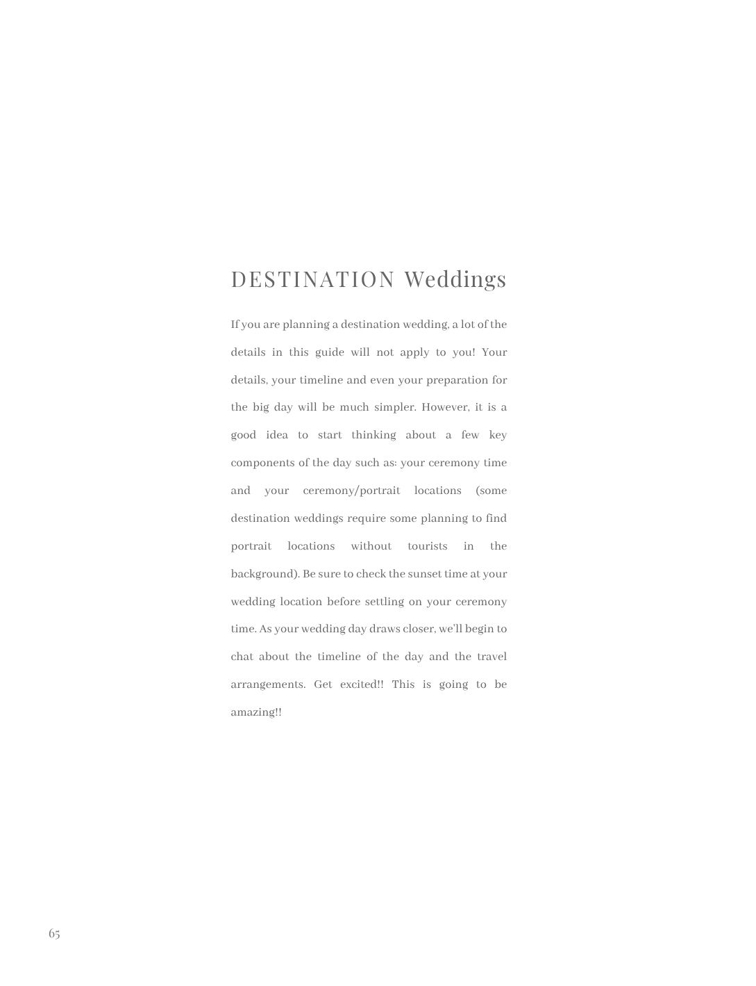 A page from a wedding guide featuring the heading Destination Weddings with elegant serif typography on white.