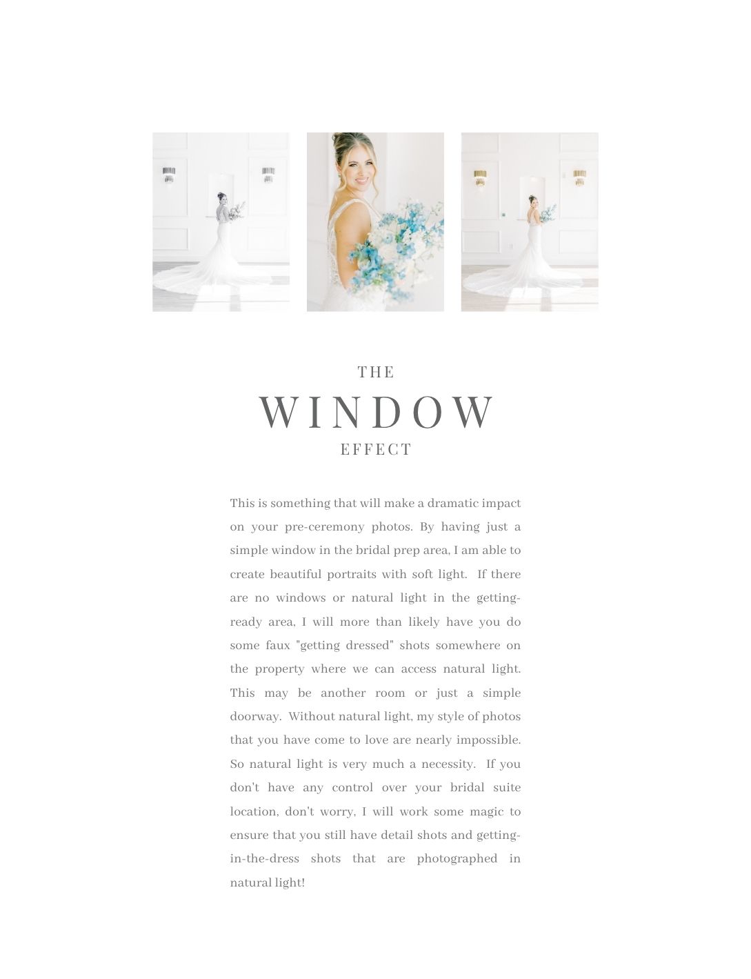 Bride in white gown holds blue floral bouquet near window, with soft natural light creating elegant bridal portraits.