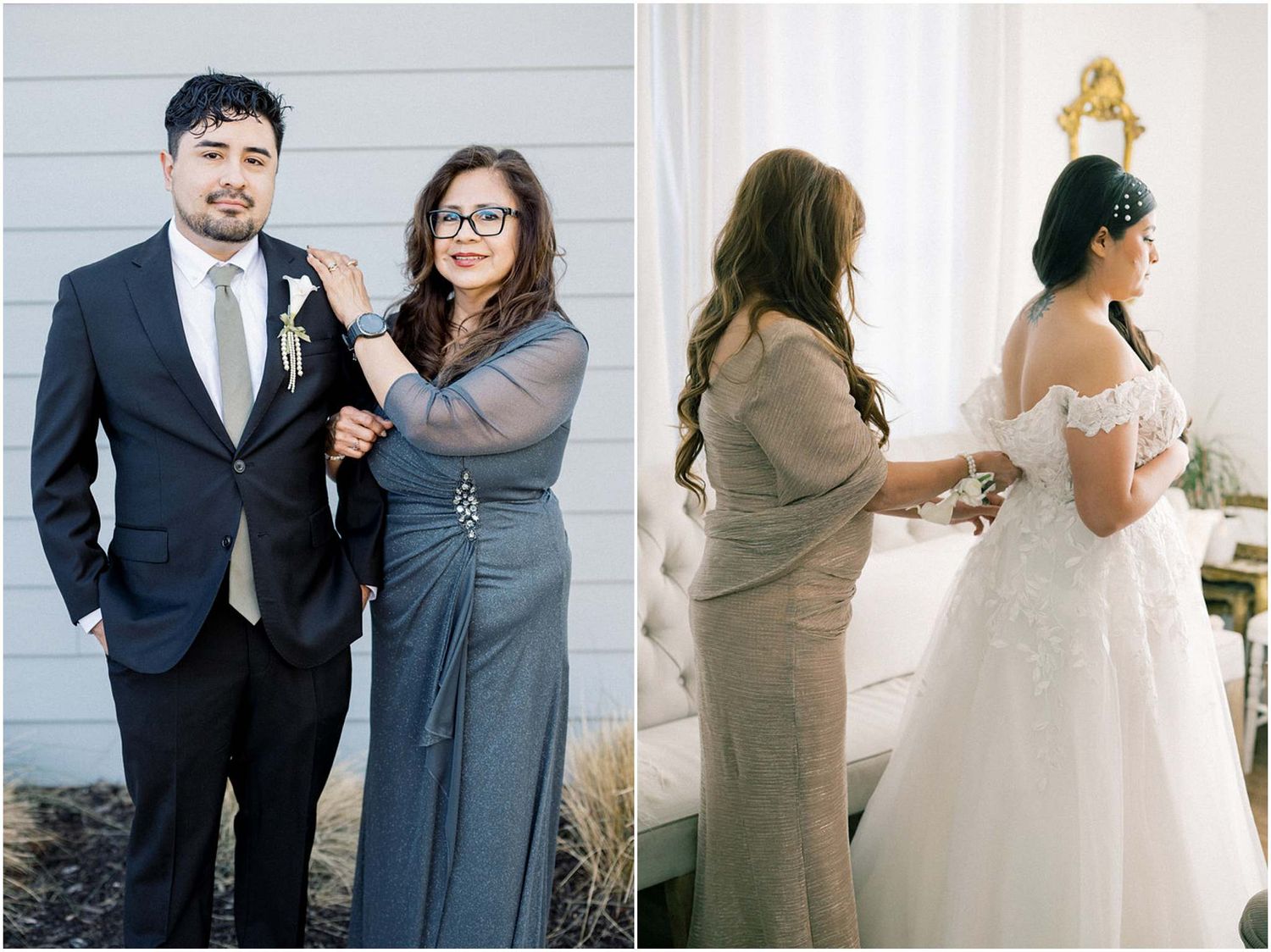A series of wedding photos showing candid moments between couples and guests during a celebration.